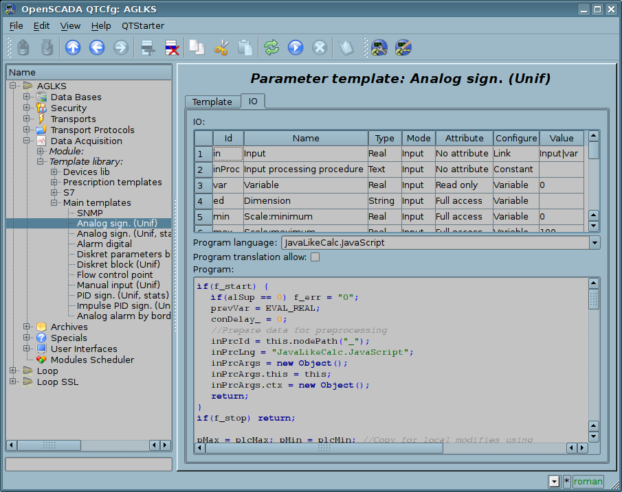 The configuration tab of parameters' template of subsystem "DAQ". (134 )