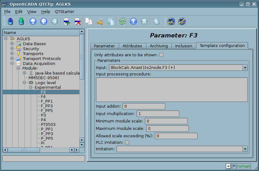 The "Template config" tab of the "F3" parameter of the logic level module. (79 )