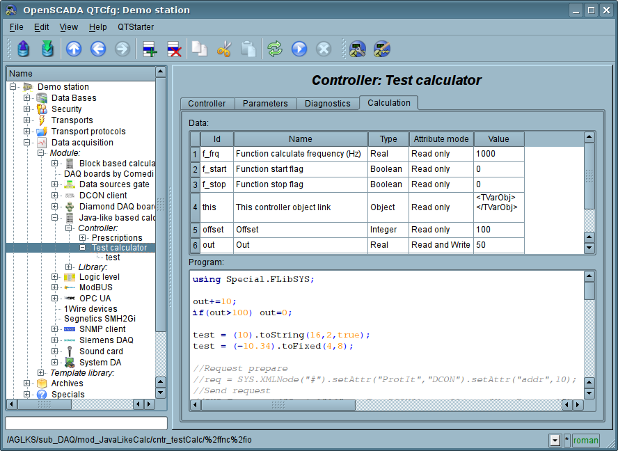 Tab "Calculations" of the controller. (125 )