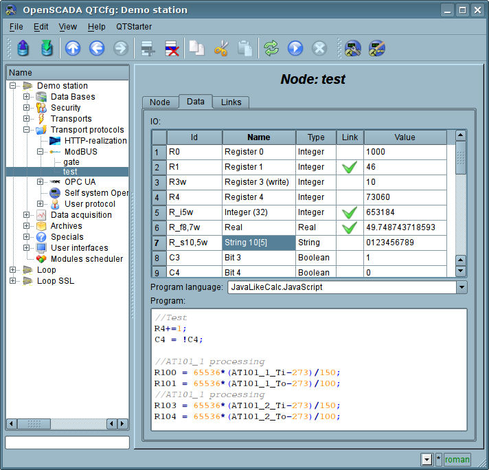 The tab "Data" of the configuration page of the node of the protocol in the "Data" mode. (105 Kb)