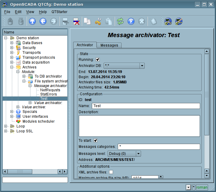 The main tab of the messages archiver configuration of subsystem "Archives". (93 )