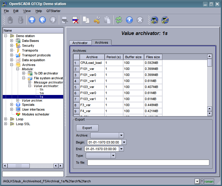 The "Archives" tab of the values archiver of subsystem "Archives". (86 )