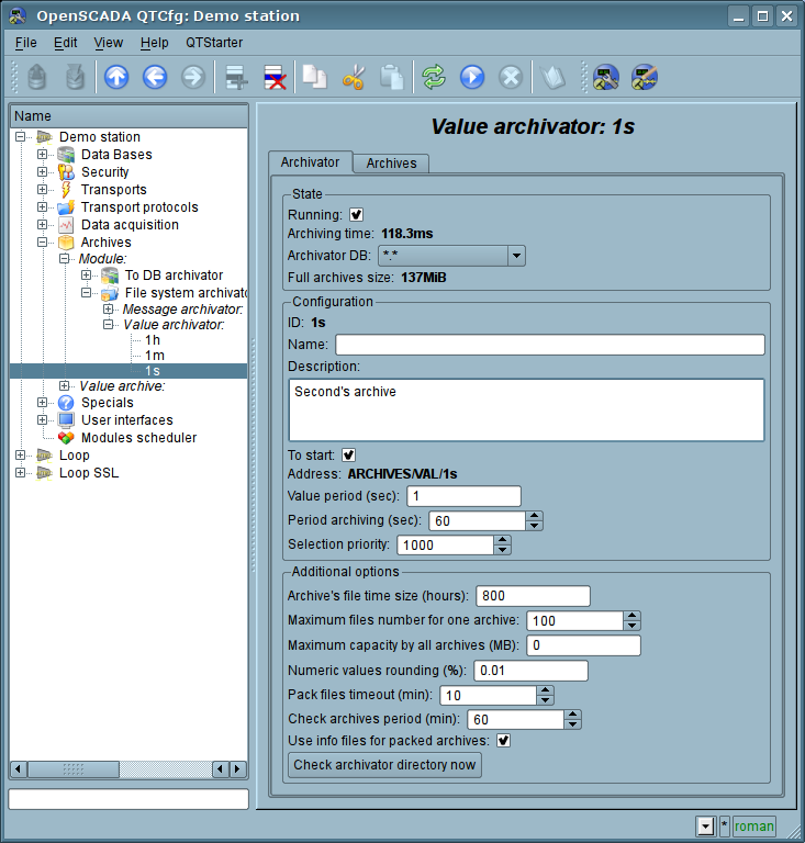 The main tab of the values archiver configuration of subsystem "Archives". (107 )