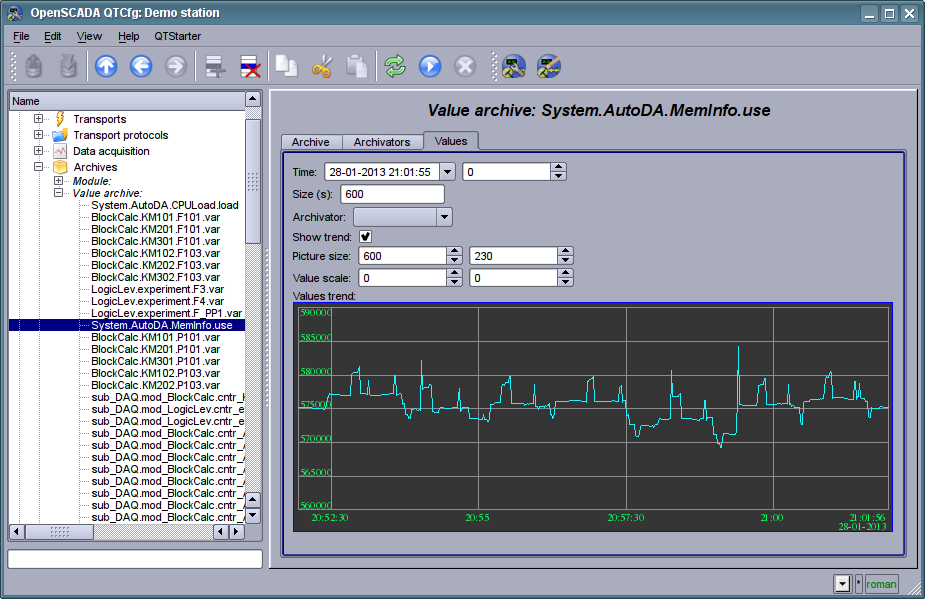 The "Values" tab of the values archive of subsystem "Archives". (109 Kb)