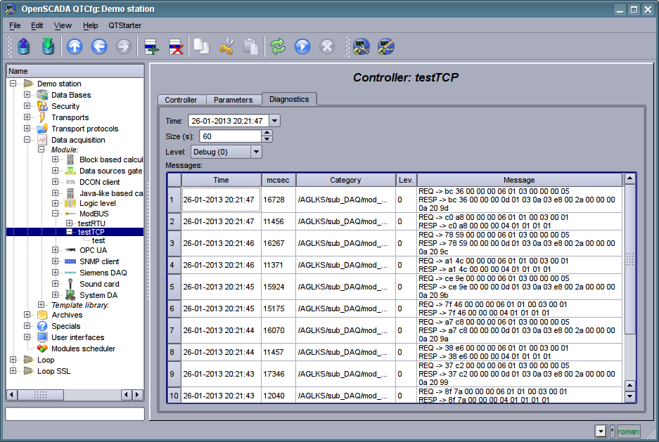 "Diagnostic" tab of configuration page of the controller of subsystem "Data acquisition". (135 )