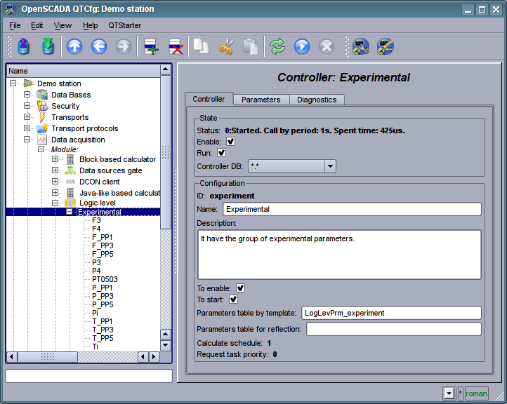 The main configuration tab of the controller of subsystem "Data acquisition". (78 )