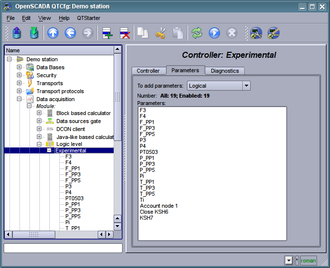 "Parameters" tab of the configuration page of the controller of subsystem "Data acquisition". (62 Kb)