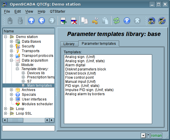 The tab of the list of templates in the template library of subsystem "Data acquisition". (61 )