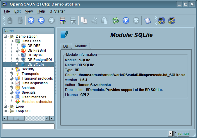 "Module" tab of the module of the "DB" subsystem. (72 )