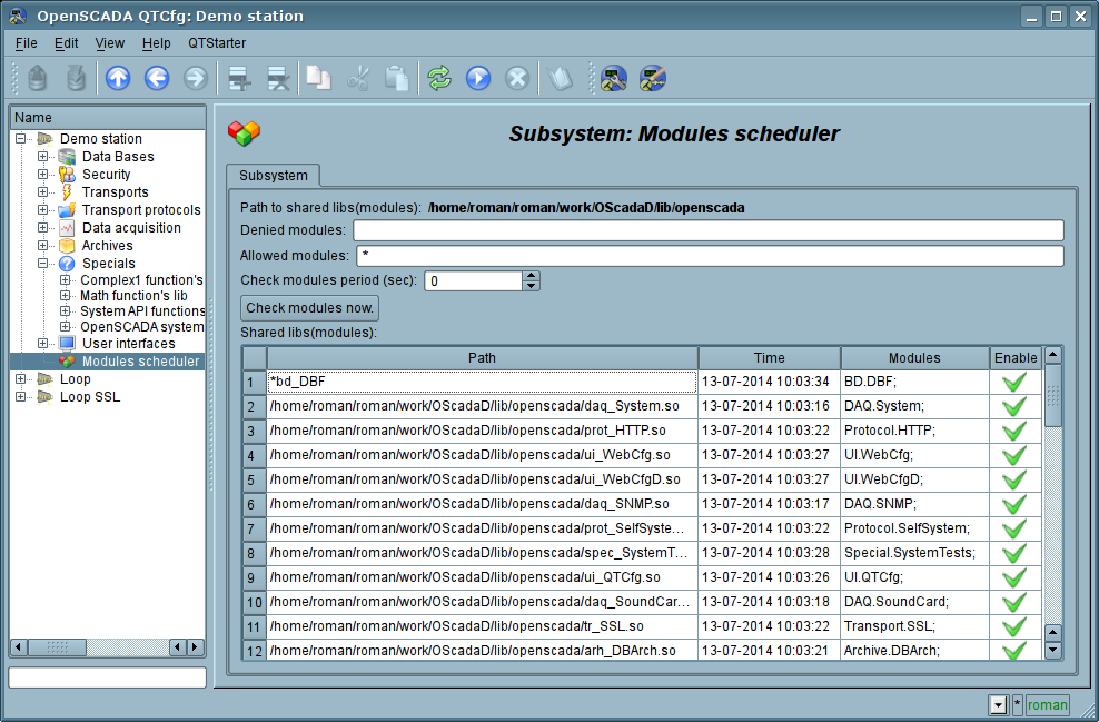 The main configuration tab of subsystem "Modules scheduler". (142 Kb)