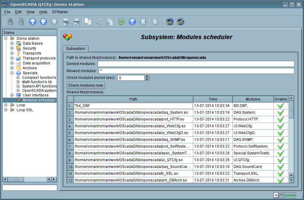 The main configuration tab of subsystem "Modules scheduler". (142 )