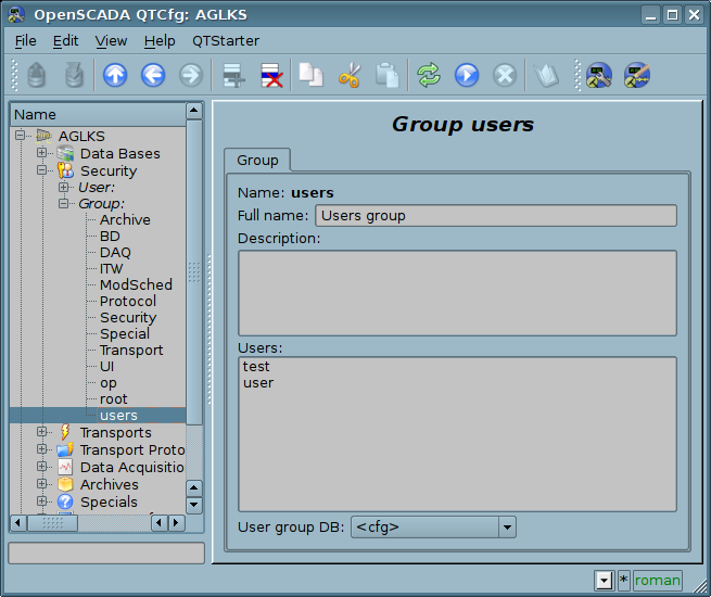 The tab "Group" of the user's group page of "Security" subsystem. (60 )