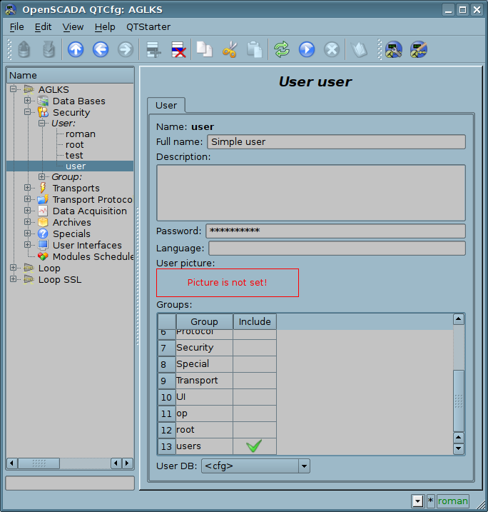 The tab "User" of the user's page of "Security" subsystem. (77 )