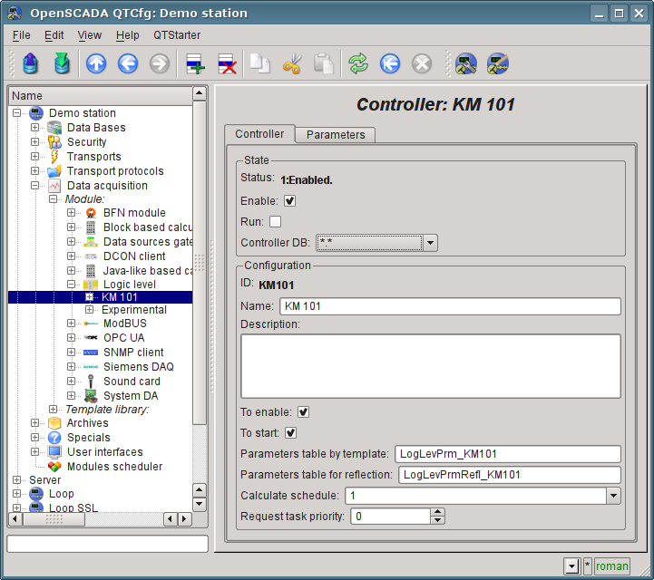 The main tab of the configuration of the object of controller of the LogicLev module. (110 )