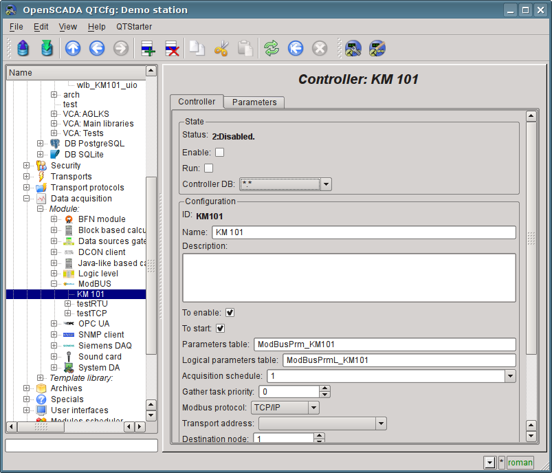 The main tab of the controller's object settings of the ModBUS module. (123 )