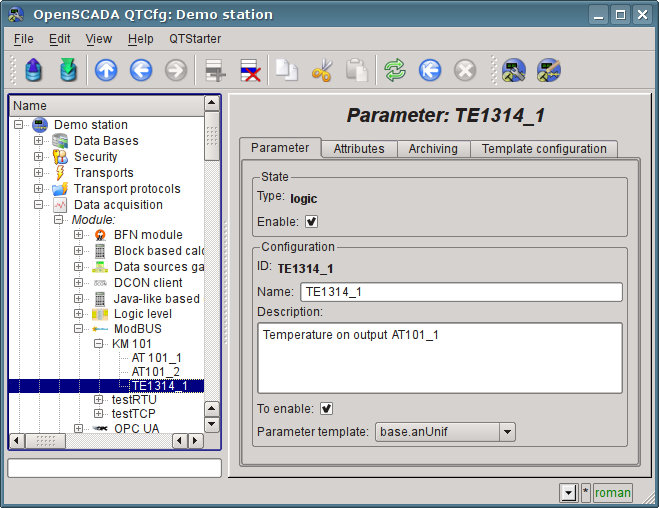 The page of the logical parameter "TE1314_1" of "ModBus" module. (83 Kb)