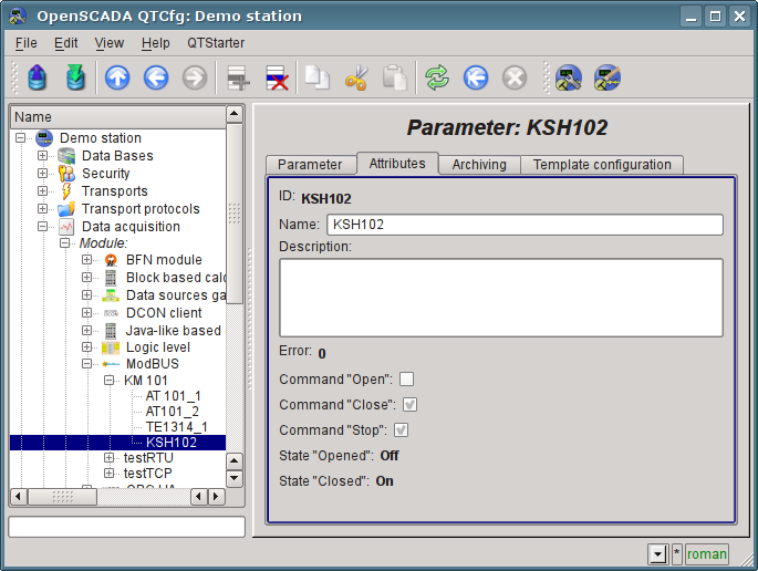 The page of the attributes parameter "KSH102" of "ModBus" module. (85 Kb)