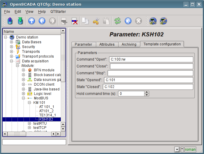 The page of the template parameter "KSH102" configuration of "ModBus" module.\n (84 Kb)