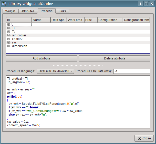 The resulting view of the Process tab of the "elCooler" widget of the "KM 101" library. (49 )