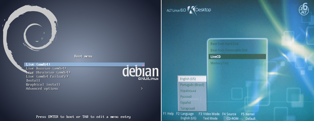 Live disk's language selection menu Debian, ALTLinux. (533 Кб)