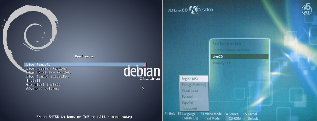 Live disk's language selection menu Debian, ALTLinux. (533 Kb)