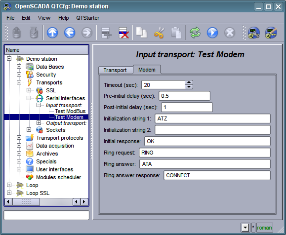 "Modem" tab of the modem's configuration of the incoming serial interface. (67 )