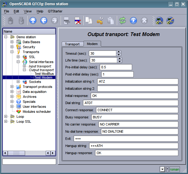 "Modem" tab of the configuration of modem of outgoing serial interface. (77 )